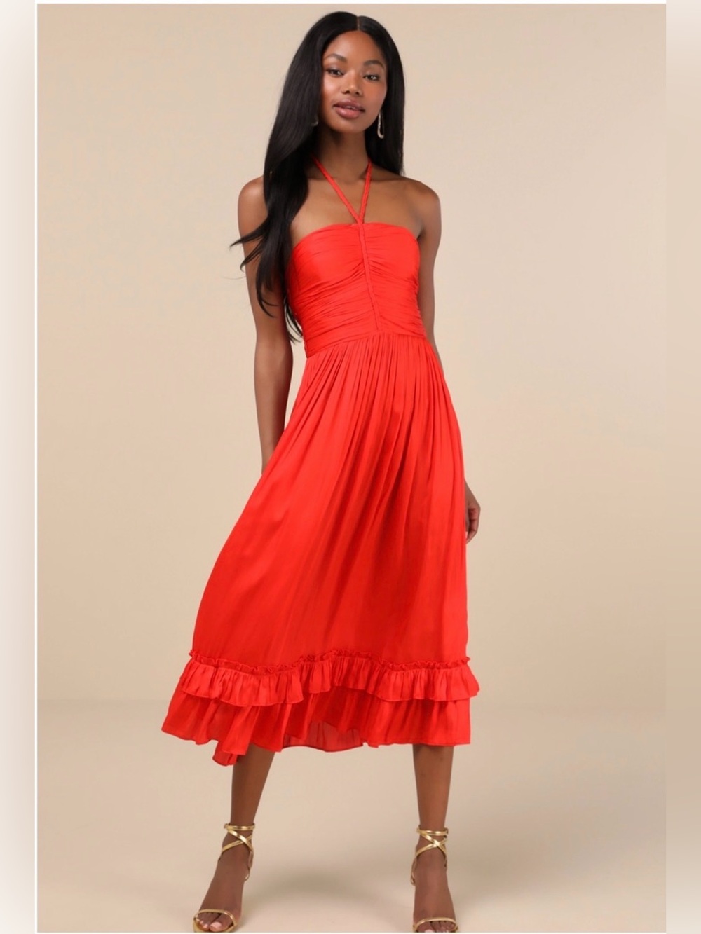 Lulus Pleasing Chicness Red Satin Halter Tiered Ruffle-Hem Midi Dress Large NWT